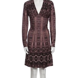 Roberto Cavalli Snakeskin Snake Print Long Sleeve Deep V Neck Dress Brown